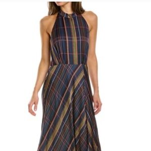 Ted Baker Plaid Halter Dress with Front Slit A Line Neck Tie Side Zip